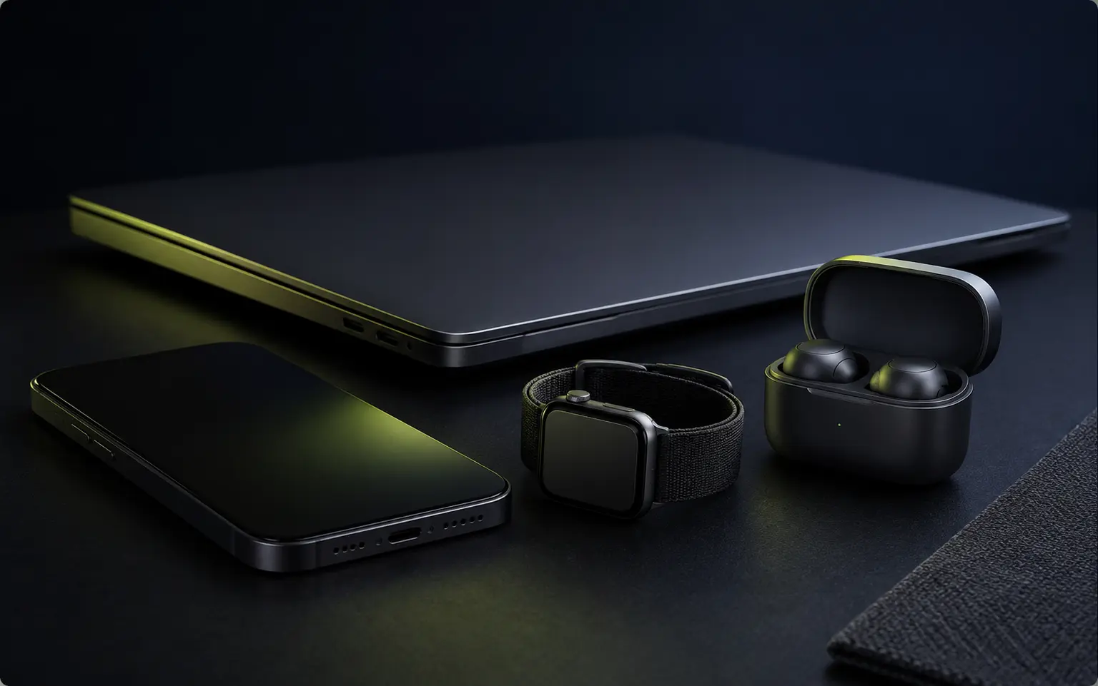 Laptop, phone and earbuds